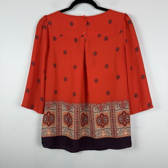 Maeve Anthropologie Rila Top Womens 6 Red Floral Border Boho 3/4 Sleeve Blouse - Picture 3 of 9
